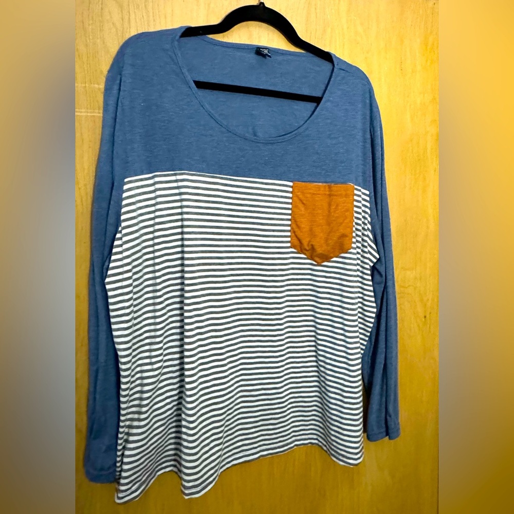 Striped Patchwork Round Neck Patched Pocket T-shirt